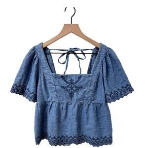 Chambray Flutter Sleeve Embroidered Peasant Top